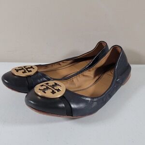 Tory Burch Black Leather Ballet Wedge with Logo Emblem Size 7 M